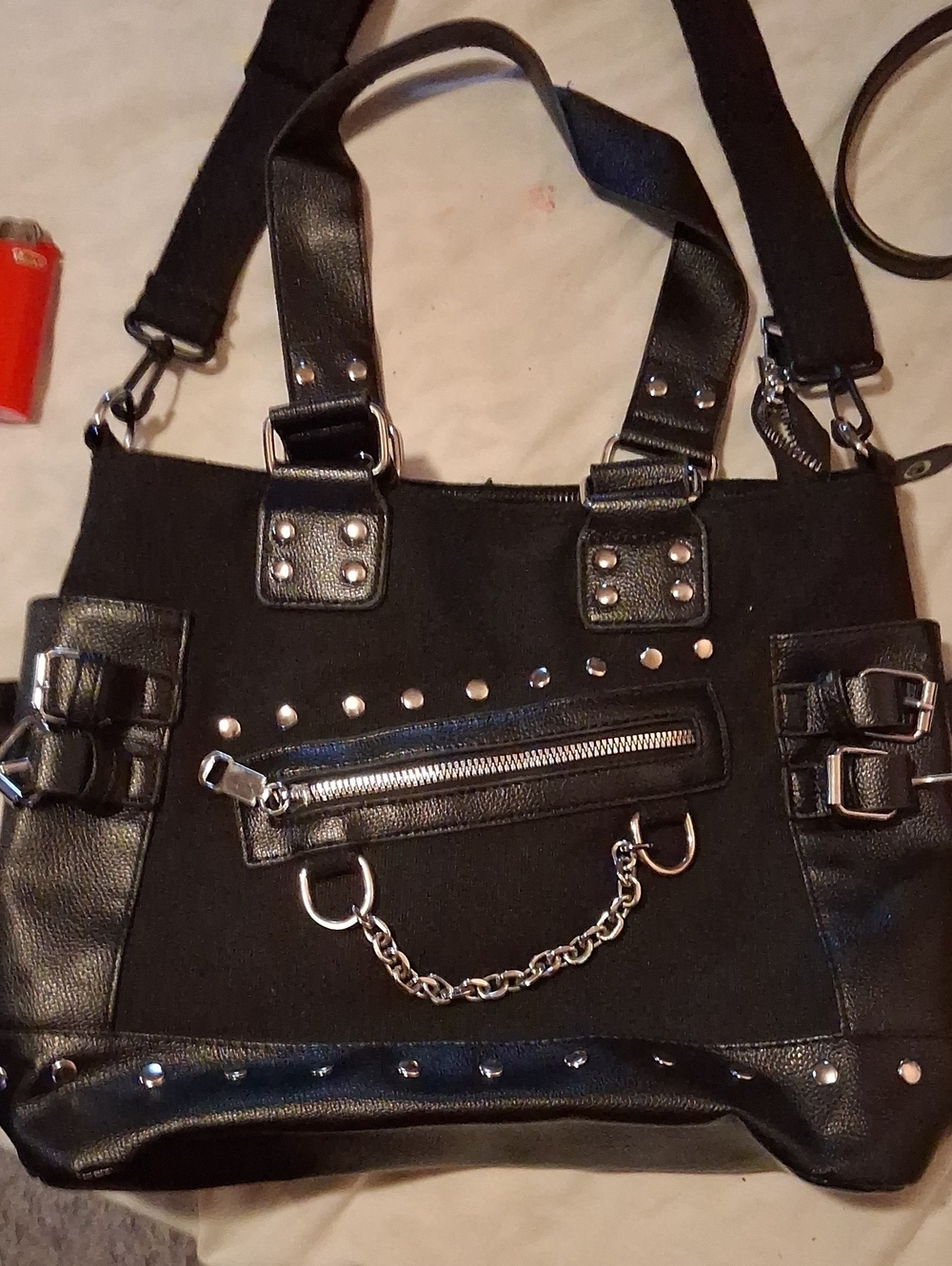 Black Studded Chain Accent Tote Bag - Unbranded